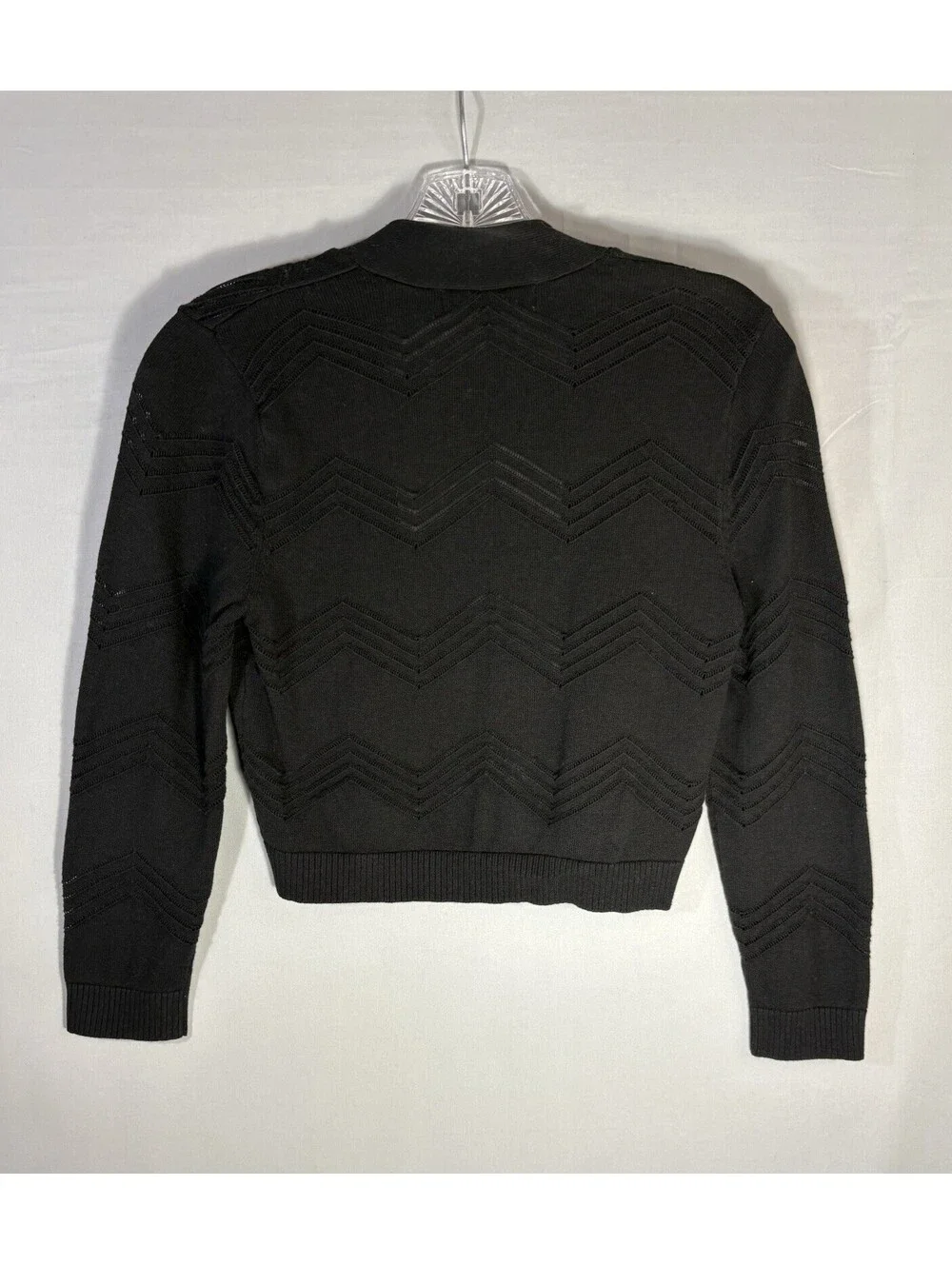 Ellen Tracy Black 100% Cotton Open Front Cropped Cardigan Chevron Knit Sz S - Picture 3 of 7